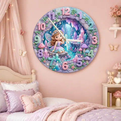 Vista alternativa di Magical Fairy and Crystal Cave Kids Room Wall Clock | Enchanted Pastel Nursery Decor, Whimsical Girls Room Gift Art (13.6 inch / 34.5 cm)