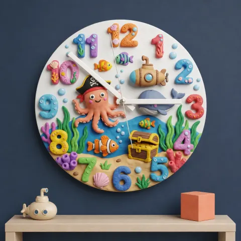 Vista alternativa di Pirate Octopus Ocean Kids Room Wall Clock | Under The Sea Nursery Decor, Marine Life Theme Baby Boy Birthday Gift (13.6 inch / 34.5 cm)