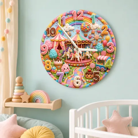 Vista alternativa di Candy Carnival Carousel Kids Room Wall Clock | Rainbow Nursery Decor, Sweet Little Girl Birthday Gift (13.6 inch / 34.5 cm)
