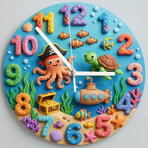 Pirate Octopus Ocean Kids Room Wall Clock | Under The Sea Nursery Decor, Little Boy's Room Birthday Gift & Keepsake (13.6 inch / 34.5 cm)