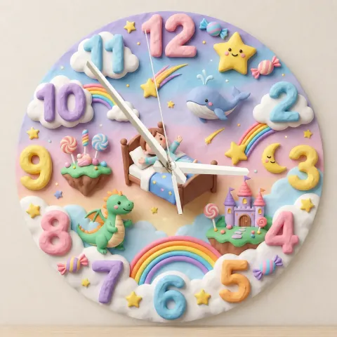 Pastel Dreamland Kids Room Wall Clock | Magical Dragon Castle Nursery Decor, Sweet Dreams Baby Shower Gift Keepsake (13.6 inch / 34.5 cm)