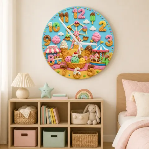 Ice Cream Carnival Kids Room Wall Clock | Pastel Fairground Nursery Decor, Sweet Birthday Gift (13.6 inch / 34.5 cm)