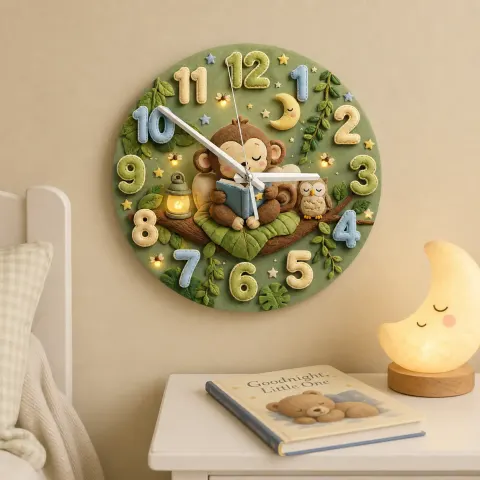 Vista alternativa di Cute Bedtime Reading Monkey Kids Room Wall Clock | Safari Jungle Nursery Decor, Baby Shower Gift For Boys & Girls (13.6 inch / 34.5 cm)