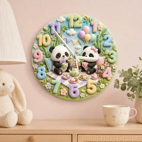 Whimsical Panda Tea Party Kids Room Wall Clock | Pastel Bamboo Nursery Decor, Baby Shower Birthday Keepsake Present (13.6 inch / 34.5 cm)