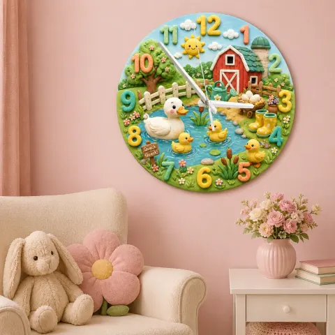 Vista alternativa di Cute Farmyard Duck Pond Kids Room Wall Clock | Whimsical Red Barn Nursery Decor, Baby Shower Gift For Boys Or Girls (13.6 inch / 34.5 cm)