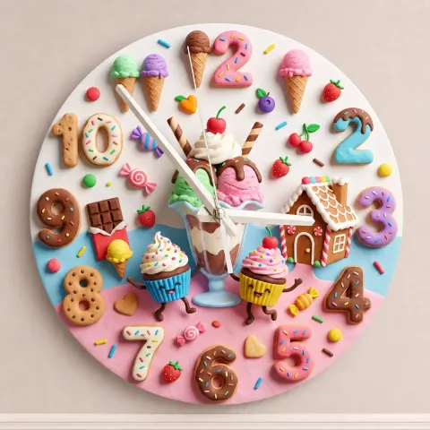 Candyland Sweet Treats Kids Room Wall Clock | Ice Cream Cupcake Nursery Decor, Little Girl Bedroom Birthday Art Gift (13.6 inch / 34.5 cm)