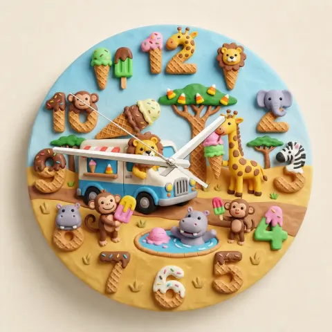 Safari Ice Cream Truck Kids Room Wall Clock | Sweet Jungle Animal Nursery Decor, Toddler Playroom Birthday Gift Art (13.6 inch / 34.5 cm)
