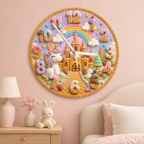 Unicorn Rainbow Castle Kids Room Wall Clock | Fairytale Nursery Decor, Magical Baby Girl Birthday Gift (13.6 inch / 34.5 cm)