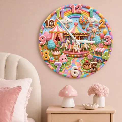 Candy Carnival Carousel Kids Room Wall Clock | Rainbow Nursery Decor, Sweet Little Girl Birthday Gift (13.6 inch / 34.5 cm)
