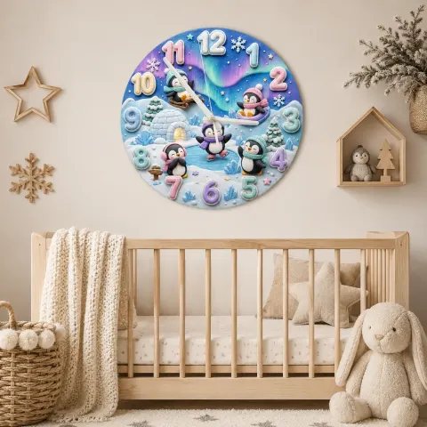 Whimsical Winter Wonderland Penguin Kids Room Wall Clock | Aurora Sky Nursery Decor, Beautiful Baby Shower Keepsake (13.6 inch / 34.5 cm)