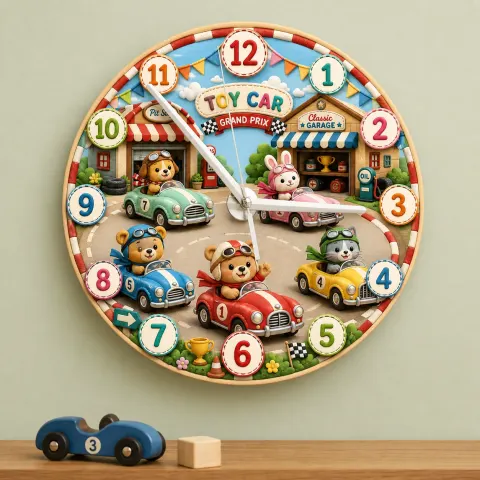 Vista alternativa de Reloj de pared de carrera de coches de animales Grand Prix para habitación infantil | Decoración de guardería con coches de juguete vintage, regalo de cumpleaños para niño (34.5 cm)