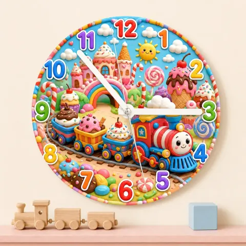 Reloj de pared con tren de juguete en Candy Land | Decoración de guardería de dulces, regalo de arte caprichoso para niñas y niños (34.5 cm)