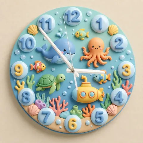 Vista alternativa di Cute Under The Sea Ocean Animals Kids Room Wall Clock | Marine Life Nursery Decor, Baby Boy Room Birthday Present (13.6 inch / 34.5 cm)
