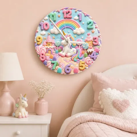 Unicorn Rainbow Candyland Kids Room Wall Clock | Magical Nursery Decor, Baby Girl Birthday Gift Art (13.6 inch / 34.5 cm)