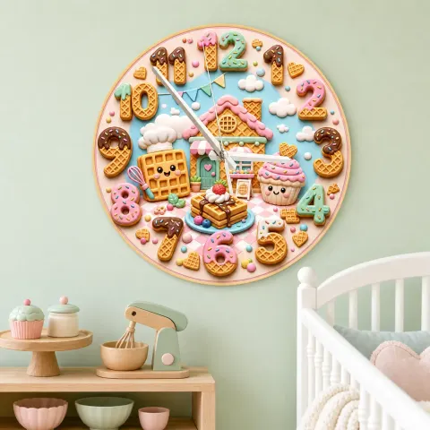 Vista alternativa di Waffle House Bakery Kids Room Wall Clock | Sweet Dessert Nursery Decor, Cute Birthday Gift For Girls (13.6 inch / 34.5 cm)