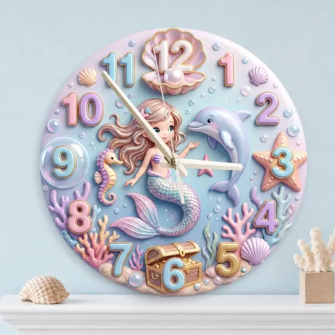 Vista alternativa di Pastel Mermaid And Dolphin Kids Room Wall Clock | Magical Ocean Nursery Decor Art, Little Girl Bedroom Birthday Gift (13.6 inch / 34.5 cm)
