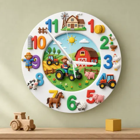 Farm Animals Tractor Kids Room Wall Clock | Barnyard Nursery Decor, Little Boy Playroom Wall Art & Birthday Keepsake (13.6 inch / 34.5 cm)