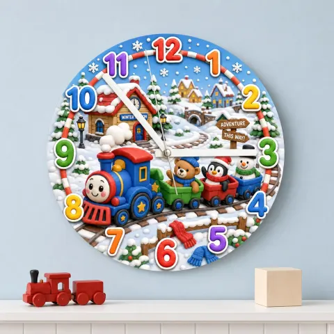 Vista alternativa de Reloj de pared para niños con tren de invierno | Decoración de guardería de pueblo nevado, regalo mágico para la habitación de un niño pequeño (34.5 cm)