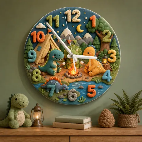 Reloj de pared infantil con dinosaurio junto a la fogata | Decoración de guardería nocturna en el bosque, regalo de cumpleaños y recuerdo para niño pequeño (34.5 cm)