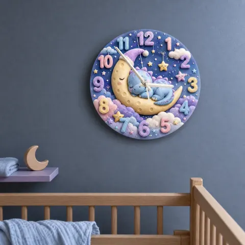 Reloj de pared infantil con dinosaurio bebé durmiendo en la luna | Decoración de guardería mágica en tonos pastel, idea de regalo perfecta para un baby shower (34.5 cm)