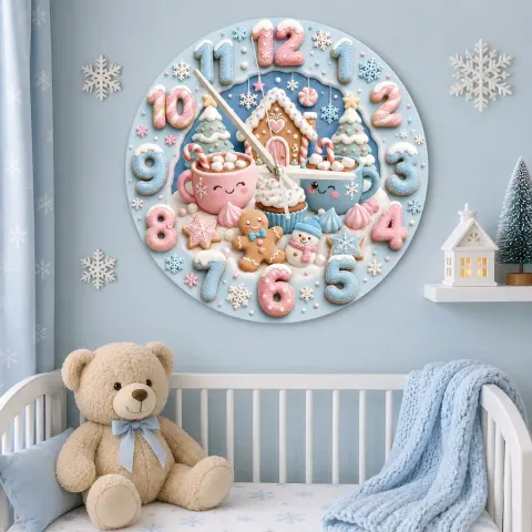 Pastel Winter Gingerbread Kids Room Wall Clock | Cute Hot Cocoa Snowman Nursery Decor, Sweet Holiday Baby Girl Gift (13.6 inch / 34.5 cm)