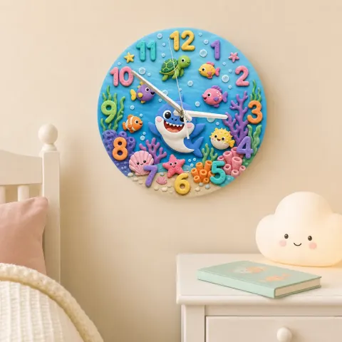 Vista alternativa di Ocean Shark Sea Creatures Kids Room Wall Clock | Underwater Nursery Decor, Baby Boy And Girl Birthday Gift Keepsake (13.6 inch / 34.5 cm)