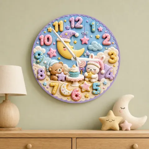 Vista alternativa di Bedtime Moon Animals Kids Room Wall Clock | Sleepy Bear Bunny Nursery Decor, Sweet Baby Shower Gift (13.6 inch / 34.5 cm)