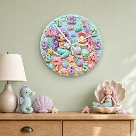 Vista alternativa di Mermaid Seashell Kids Room Wall Clock | Pastel Ocean Nursery Decor, Magical Baby Girl Birthday Gift (13.6 inch / 34.5 cm)