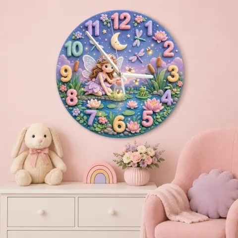Magical Fairy Pond Kids Room Wall Clock | Enchanted Forest Nursery Decor, Whimsical Baby Girl Room Birthday Keepsake (13.6 inch / 34.5 cm)