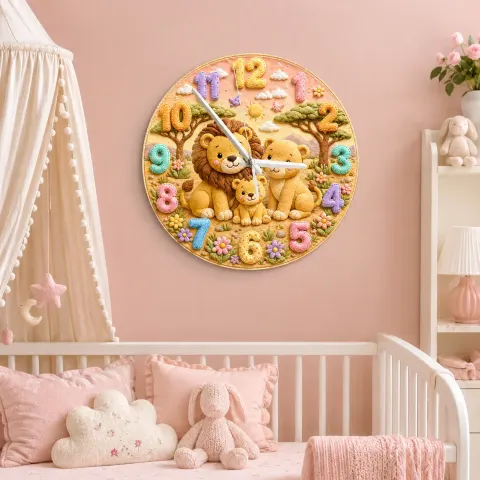 Vista alternativa di Pastel Safari Lion Family Kids Room Wall Clock | Cute Jungle Animal Nursery Decor, Perfect Baby Shower Gift Keepsake (13.6 inch / 34.5 cm)