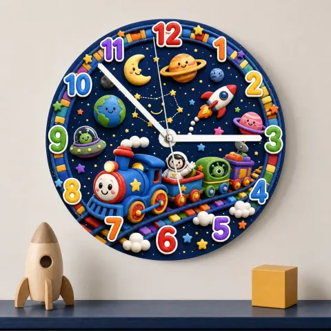 Galaxy Space Train Kids Room Wall Clock | Astronaut Nursery Decor, Little Boy Bedroom Baby Shower & Birthday Gift (13.6 inch / 34.5 cm)