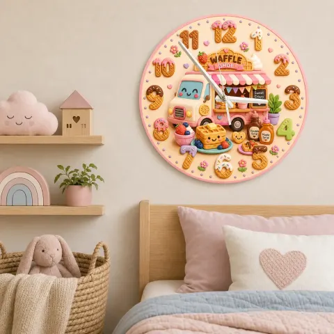 Waffle Shop Food Truck Kids Room Wall Clock | Sweet Bakery Nursery Decor, Cute Birthday Gift For Girls (13.6 inch / 34.5 cm)