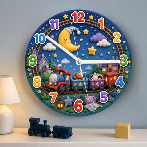 Vista alternativa de Reloj de pared para niños con tren nocturno y luna durmiente | Decoración de guardería caprichosa, regalo de baby shower para niños y niñas (34.5 cm)