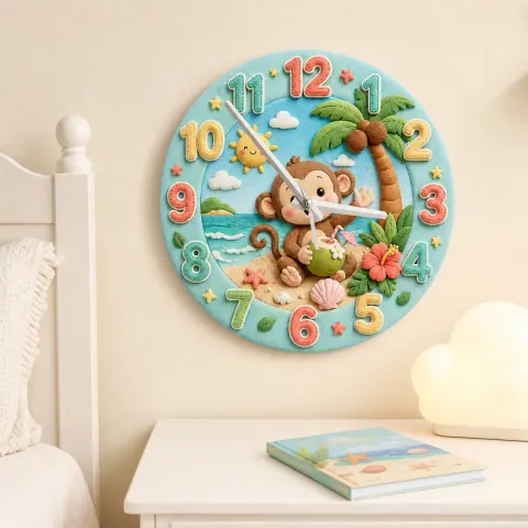 Vista alternativa di Tropical Beach Monkey Kids Room Wall Clock | Cute Ocean Animal Nursery Decor, Baby Boy Girl Playroom Birthday Gift (13.6 inch / 34.5 cm)