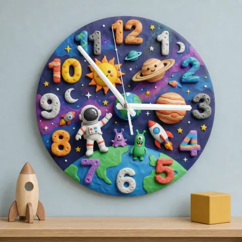 Outer Space Astronaut Kids Room Wall Clock | Cute Planets Baby Boy Nursery Decor, Toddler Bedroom Birthday Keepsake (13.6 inch / 34.5 cm)