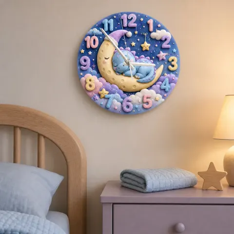 Vista alternativa de Reloj de pared infantil con dinosaurio bebé durmiendo en la luna | Decoración de guardería mágica en tonos pastel, idea de regalo perfecta para un baby shower (34.5 cm)