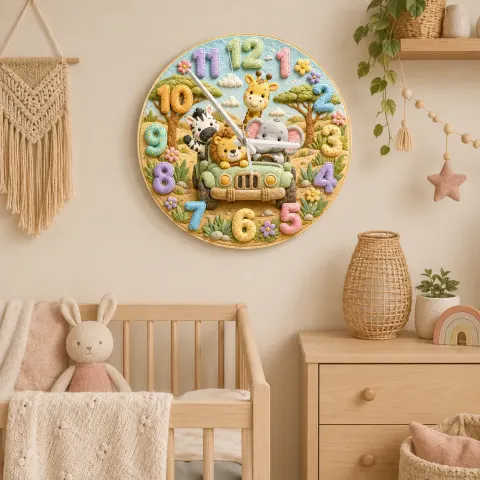 Safari Animal Jeep Kids Room Wall Clock | Jungle Nursery Decor, Safari Playroom Art, Baby Boy Shower Gift Keepsake (13.6 inch / 34.5 cm)