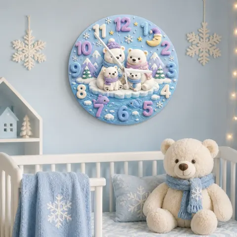 Polar Bear Family Kids Room Wall Clock | Arctic Winter Wonderland Nursery Decor, Cute Baby Shower Gift For Newborn (13.6 inch / 34.5 cm)
