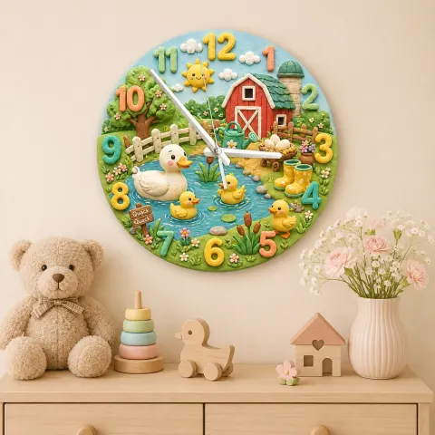 Cute Farmyard Duck Pond Kids Room Wall Clock | Whimsical Red Barn Nursery Decor, Baby Shower Gift For Boys Or Girls (13.6 inch / 34.5 cm)
