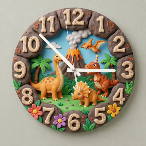 Vista alternativa di Dinosaur Volcano Kids Room Wall Clock | Prehistoric Jungle Nursery Decor, Little Boy Bedroom Birthday Gift Keepsake (13.6 inch / 34.5 cm)