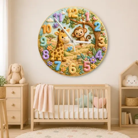 Jungle Safari Giraffe & Monkey Kids Room Wall Clock | Whimsical Animal Nursery Decor, Sweet Playroom Wall Art Gift (13.6 inch / 34.5 cm)