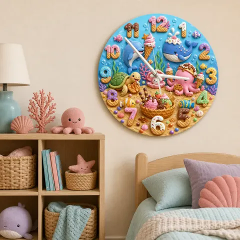 Ocean Animals Dessert Kids Room Wall Clock | Under The Sea Nursery Decor, Baby Boy Girl Birthday Gift (13.6 inch / 34.5 cm)