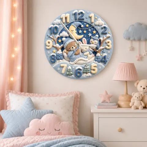 Vista alternativa di Sleepy Winter Bear & Bunny Kids Room Wall Clock | Blue Night Sky Nursery Decor, Sweet Baby Boy Shower Gift Keepsake (13.6 inch / 34.5 cm)