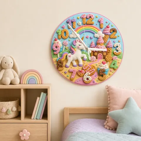 Unicorn Candy Castle Kids Room Wall Clock | Rainbow Nursery Decor, Magical Little Girl Birthday Gift (13.6 inch / 34.5 cm)