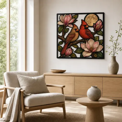 Vista alternativa de Pareja de cardenales entre flores de magnolia y luna llena Decoración mural de metal colorida