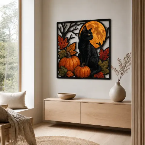 Vista alternativa de Gato negro con calabazas y hojas de otoño Decoración mural de metal colorida