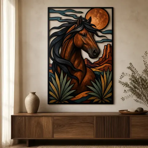 Retrato de Caballo Castaño en Desierto del Suroeste Decoración Mural de Metal Colorida