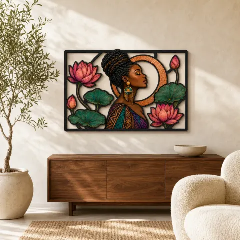 Mujer Afro con Flores de Loto y Círculo de Cobre Arte Mural de Metal Colorido