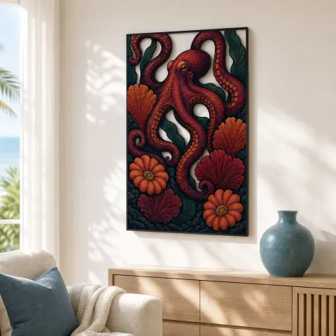Vista alternativa di Polpo Rosso con Corallo e Fiori Botanici Insegna in Metallo Colorata
