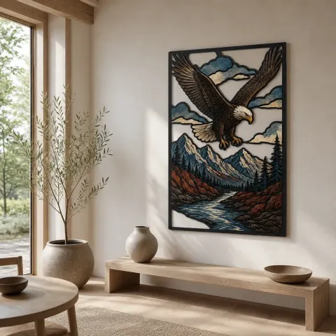 Vista alternativa de Águila Calva Volando sobre Lago Montañoso en Otoño Decoración Mural de Metal Colorida